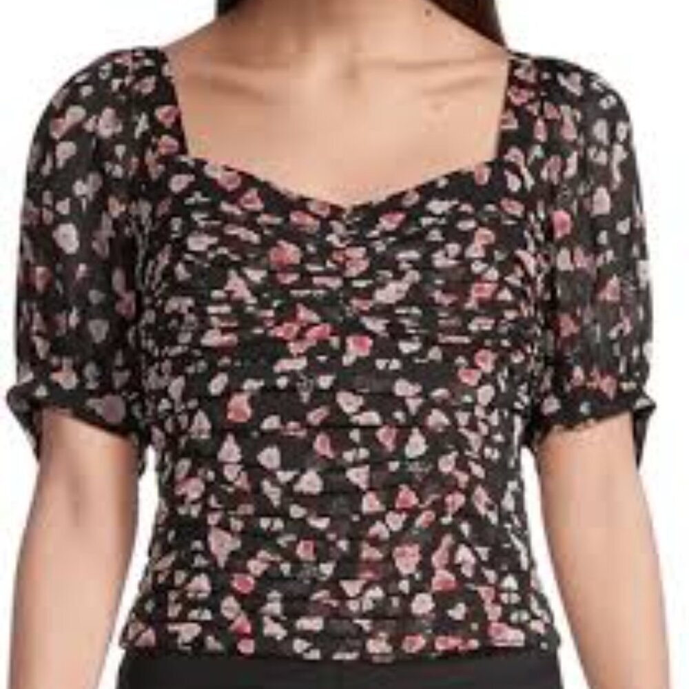 KARL LAGERFELD PARIS Women's Floral Printed Ruched Puff-Sleeve Blouse Small